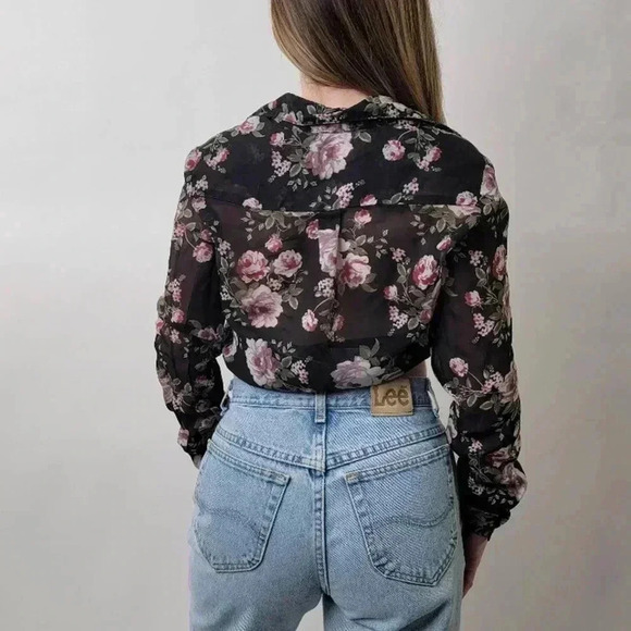 Pastel Black & Pink Floral Mesh Tie Front Coverup Blouse - S - Picture 2 of 9